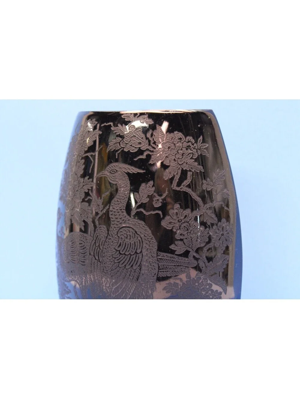 Vtg Asian Peacock & Rose Nora Bird Reverse Black/Ebony Porcelain Etched Vase 8x6